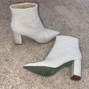 Betsey Johnson White Pearl-Embellished Ankle Booties